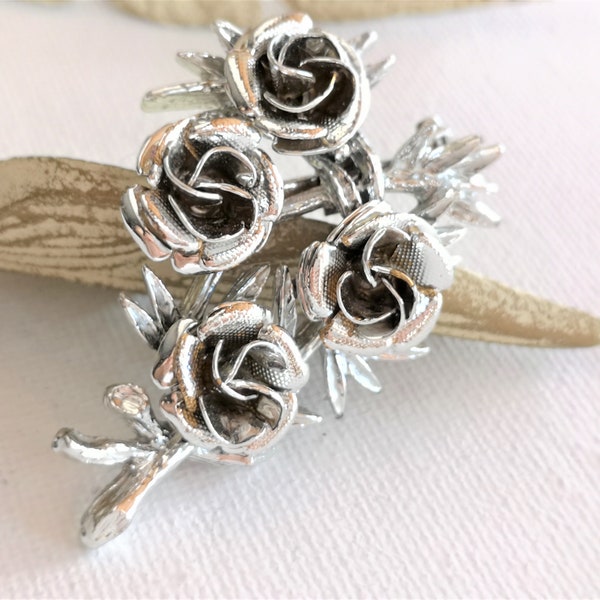 Broche bouquet de roses, épingle fleur en argent, décoration de revers brins floraux, bijoux de bouquet de mariage, épingle pour bouquet de mariée, broche rétro non signée