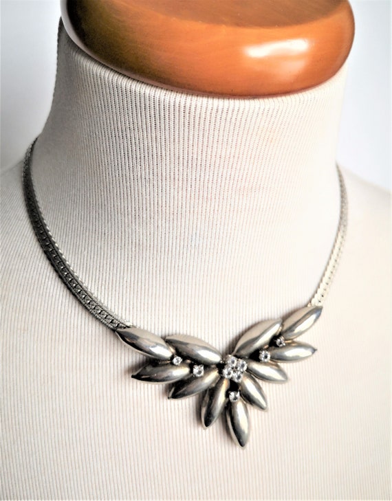 Silver Necklace, Rhinestone Art Deco Style Choker… - image 4