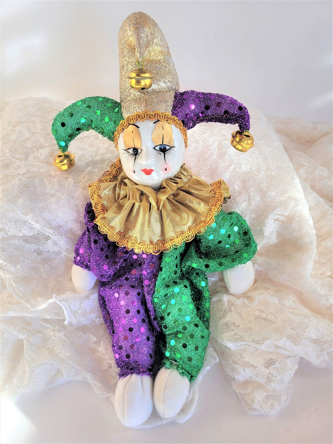 Collectible Clown, Companion Jester Doll, Green Purple Lamé Half Half