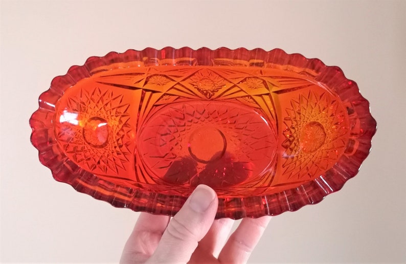 Red Candy Dish, Depression Glass Bowl, Red to Orange Oval Dish, Indiana Diamond Cut Boat Bowl