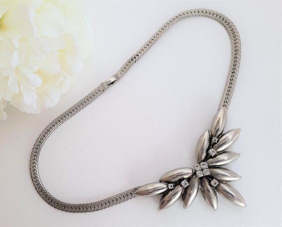 Silver Necklace, Rhinestone Art Deco Style Choker… - image 1