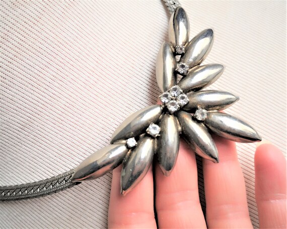 Silver Necklace, Rhinestone Art Deco Style Choker… - image 8
