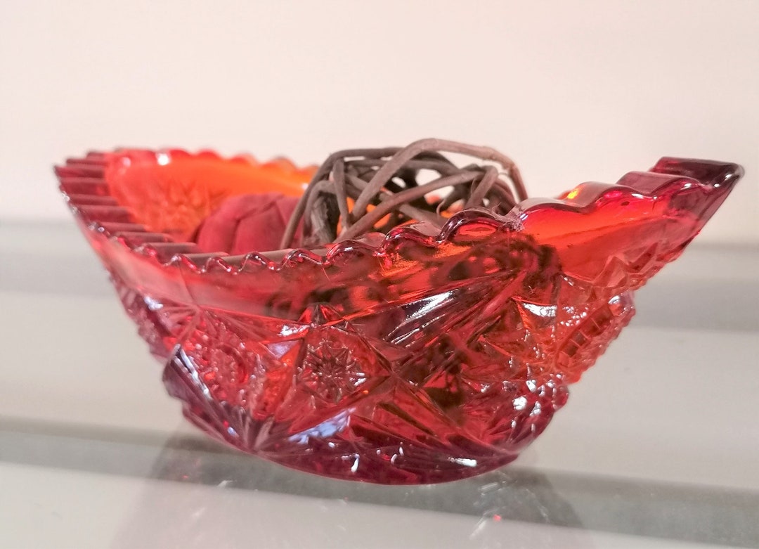 Red Candy Dish, Depression Glass Bowl, Red to Orange Oval Dish, Indiana Diamond Cut Boat Bowl