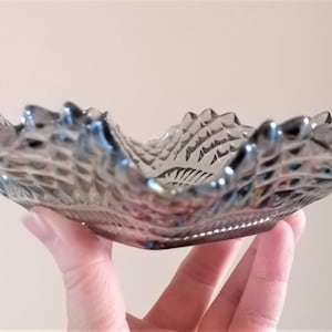 Indiana Glass, Smoky Carnival Glass, Retro Fluted Square Glass Bowl, Iridescent Diamond Cut Glass, Entertainment Serving Dish, Table Display