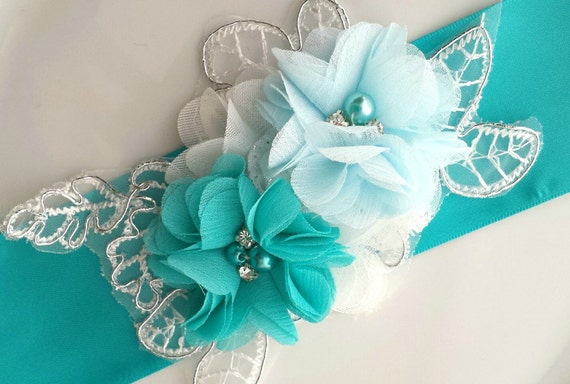 Flower Sash Turquoise Blue Silver Applique Bridal Belt Etsy