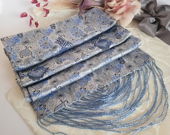 Blue & Silver Shawl with Beaded Fringe - Vintage | Brocade Fabric Shoulder Wrap or Scarf with Chinese Design