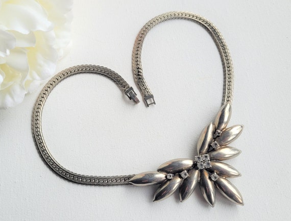 Silver Necklace, Rhinestone Art Deco Style Choker… - image 9