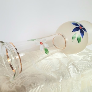 Studio Art Glass, Frosted & Clear Bud Vase, Blue Green White Floral Design, Hurricane Lamp Style Art Vase, Fluted Flared Rim n Flat Bottom