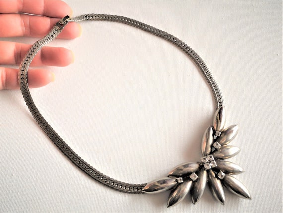 Silver Necklace, Rhinestone Art Deco Style Choker… - image 6
