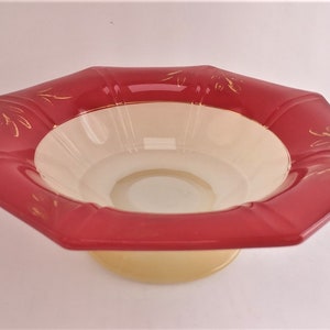 Art Deco Glass Bowl, Red Beige Gold, Indiana Glass Centerpiece, 30s Console Bowl, Octagon Platter, Holiday Serving Footed Serving Platter