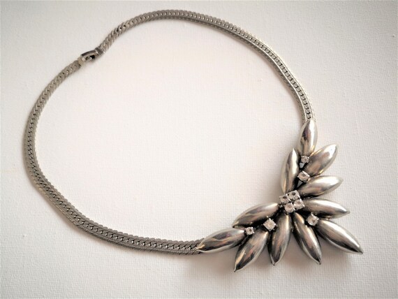 Silver Necklace, Rhinestone Art Deco Style Choker… - image 2