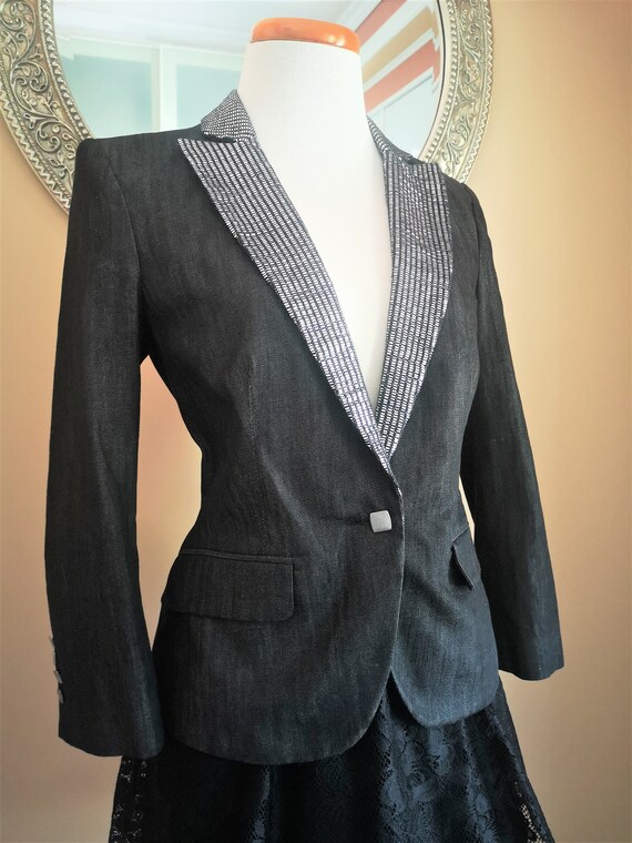 Black Jean Jacket, Formal Fitted Blazer, Black & … - image 5