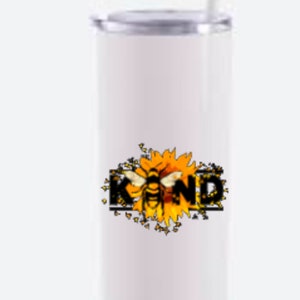 Bee Kind Bumblebee  upgraded slide close lid and straw 20oz Insulated, Stainless Steel, Travel Skinny Tumbler Pink Purple Blue Shimmer white