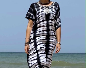 Indoor dress or beach dress, caftan tie and dye cotton dress, light and comfortable for summer, black color