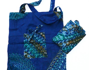 Small folding light shopping bag with an ethnic motif and a handcrafted blue Mauritanian dye