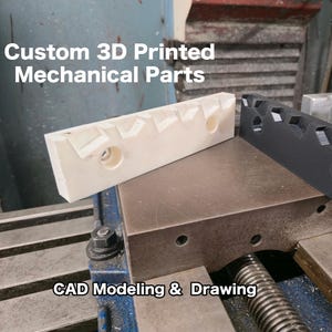 May include: Two custom 3D printed mechanical parts, one off-white and one black, are displayed. The off-white part is on the left, and the black part is on the right. The text "Custom 3D Printed Mechanical Parts" and "CAD Modeling & Drawing" are visible.