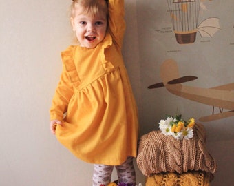 Linen yellow girl dress, baby linen clothing, baby girl fashion, dress rufle, linen toddler dress, stylish dress, mommy and me outfits