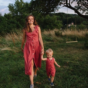 Women's Linen terracotta dress with buttons, midi linen dress, mommy and me outfit, matching outfit, linen fashion outfit, women dress image 2