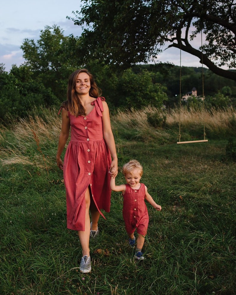 Women's Linen terracotta dress with buttons, midi linen dress, mommy and me outfit, matching outfit, linen fashion outfit, women dress zdjęcie 2