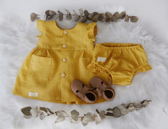Baby Girl Rustic Dress Baby Girl Outfit Toddler Girl Mustard Dress Baby Girl Linen Bloomers Baby Shower Gift Kids Organic Linen Etsy Canada