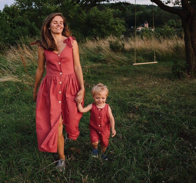 Women's Linen terracotta dress with buttons, midi linen dress, mommy and me outfit, matching outfit, linen fashion outfit, women dress image 1