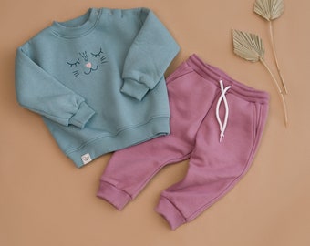 Baby sweatshirt pants set, sweatshirt with kitty, baby girl gift, baby warm clothes