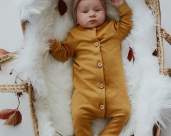 Baby girl long sleeve mustard unisex romper, organic newborn baby girl footies, unisex playsuit with buttons, handmade kids cotton clothing