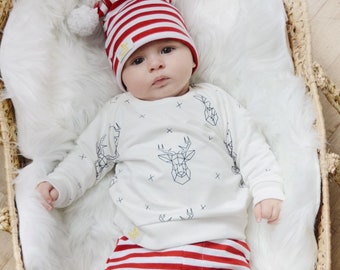 Unisex striped cotton Christmas set pants +sweatshirt + hat deer print, red and white colors.