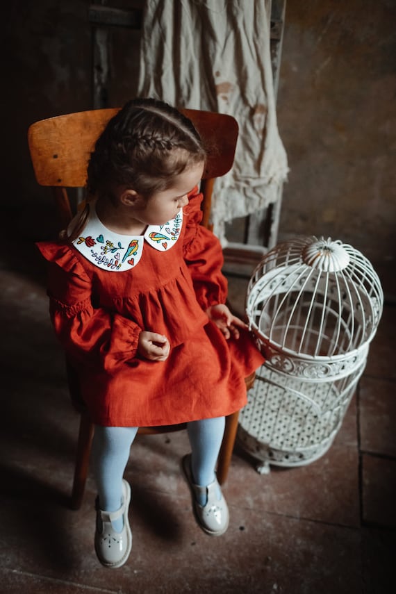 Girl Linen Long Sleeve Ruffle Removable Embroidered Collar Dress| Color  Tomato - Etsy