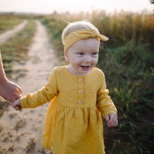 Baby girl rustic dress, baby girl linen clothing, toddler girl dress, baby shower gift, baby linen set, baby headband, baby girl boho dress