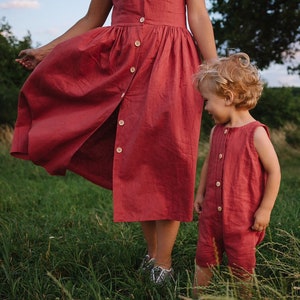 Women's Linen terracotta dress with buttons, midi linen dress, mommy and me outfit, matching outfit, linen fashion outfit, women dress zdjęcie 3