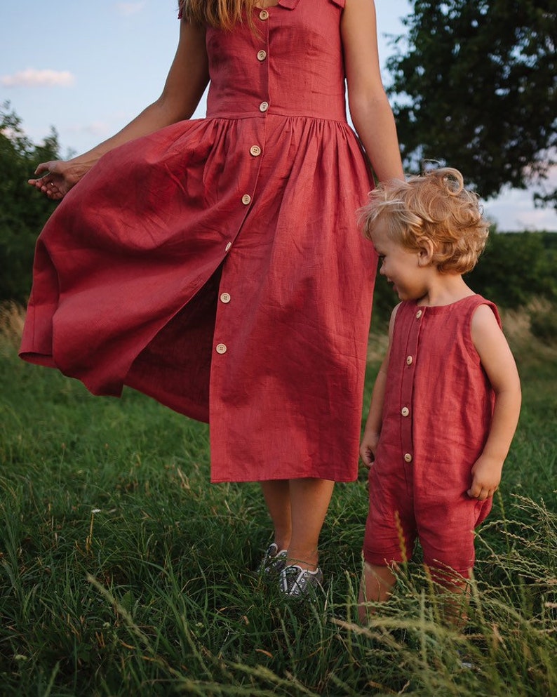 Women's Linen terracotta dress with buttons, midi linen dress, mommy and me outfit, matching outfit, linen fashion outfit, women dress zdjęcie 3