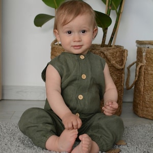 Linen baby boy romper, linen outfit, khaki jumpsuit, baby boy romper, linen baby clothes, baby shower gift, 1st birthday outfit