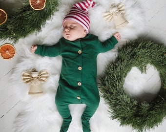 Baby Christmas unisex outfit, baby Christmas gift, footies and rompers with buttons, baby Christmas hat, cotton unisex clothing