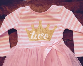 Second birthday outfit, 2nd birthday dress, pink tutu dress with gold, cake smash outfit, tiara crown, dress for girls second birthday