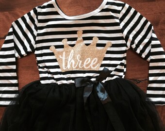 Third birthday dress, 3rd birthday dress, black tutu dress with gold, Third birthday outfit, tiara crown, dress for girls third birthday