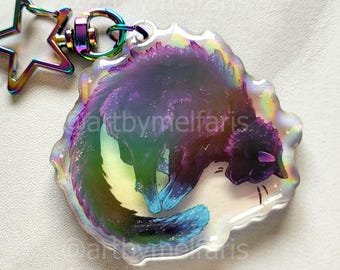 Black Galaxy Cat Charm, Holographic Epoxy Double Sided Acrylic