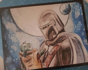 The Mandalorian and Grogu Watercolor Print