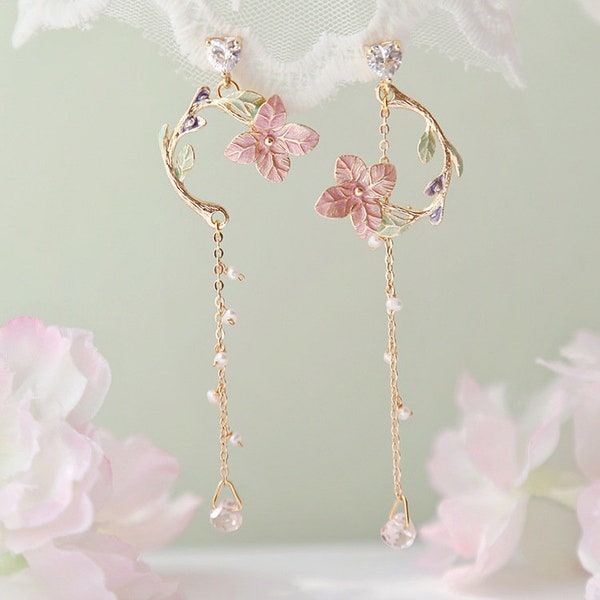 Pink Flower Long Dangle Earrings