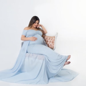 Baby Shower Dress-White Maternity Dress for Photo Shoot-Photo Shoot Maternity Dress-Long Maternity Dress for Wedding-White Maxi Gown-GRETA blue rain