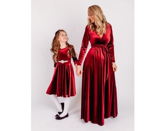 Mommy and Me wrap velvet dress-bridesmaid velvet wrap dress-long sleeve wrap dress-wrap maxi dress-velvet dress for Christmas family picture
