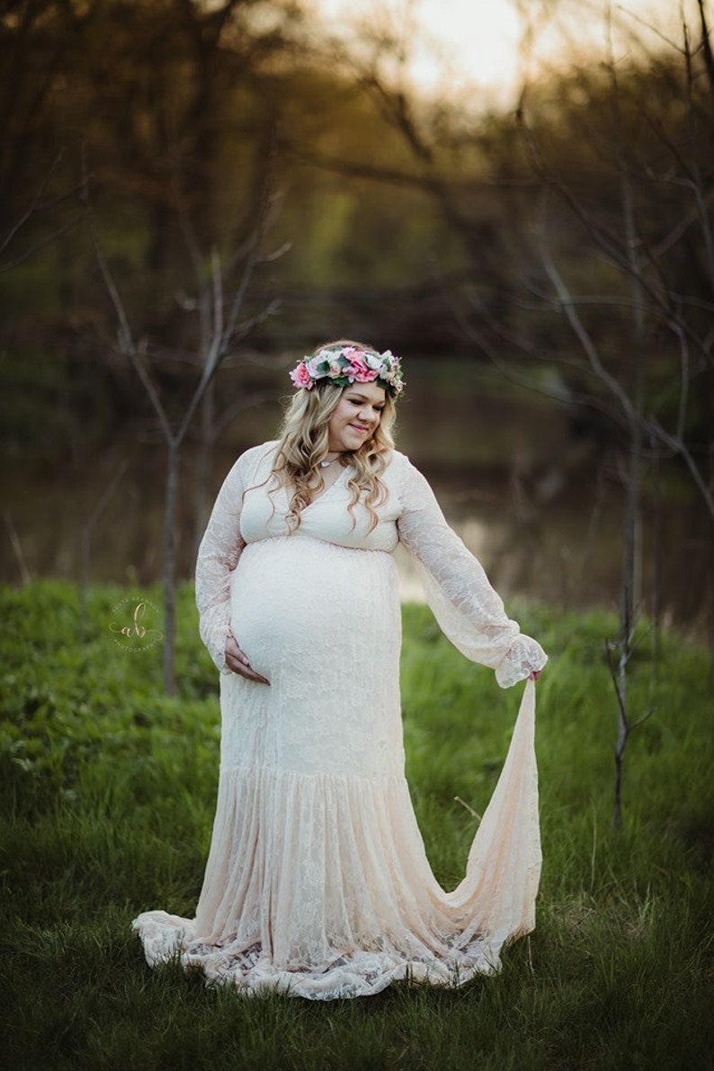 Plus Size Bohemian Lace Maternity Gown for Baby Shower, Photo Shoot and Wedding-Bohemian Maternity Dress with Long Sleeve-Maxi OLA Dress image 2