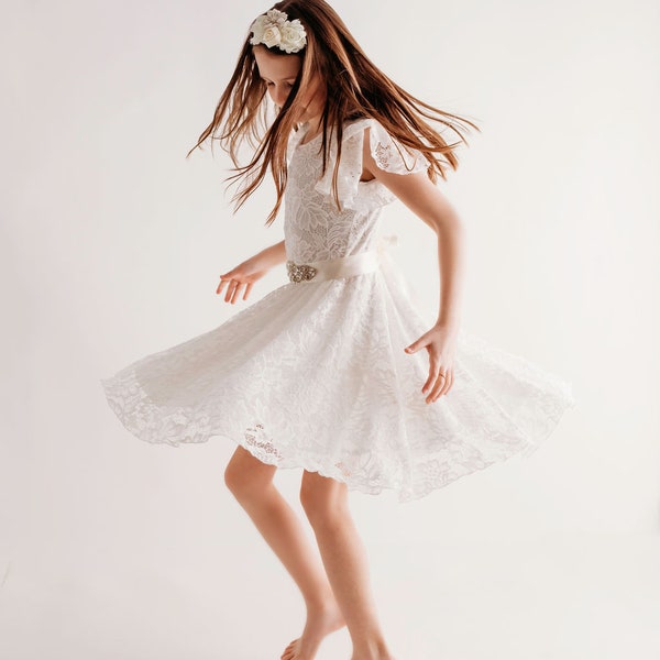 Flower girl boho style, twirl lace girl dress with butterfly sleeves and full circle skirt available in 10 colors-Made in USA