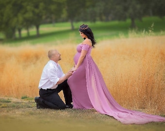 Maternity Dress for Baby Shower or Photo Shoot-Long Maternity Gown with flowy Chiffon Tail-Short Sleeve Maternity Dress Yellow- CHANTAL