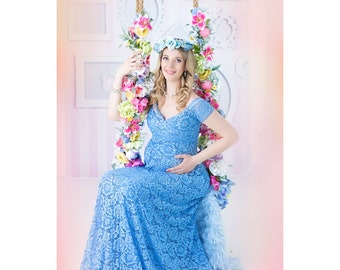 Maternity Dress for Photo Shoot-Lace Maternity Gown for Baby Shower- Baby Shower Dress Blue-Maternity Dress Photography--ELENA