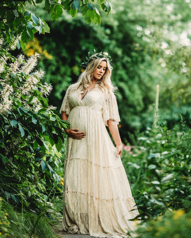 Boho Lace Dress with Flutter Sleeve for Baby Shower Photo Shoot and Wedding-Lace Maternity Dress-Wedding Bridesmaid Boho Dress-ASPEN Dress