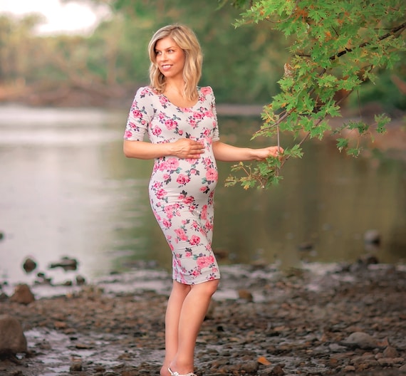 Maternity Short Sleeve Dress with Belt for Baby Shower or Casual Wear 
