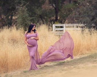 Maternity Dress for Photo Shoot, Baby Shower or Wedding-Long Maternity Gown with Chiffon Tail-Short Sleeves Bridesmaid Dress-CHANTAL