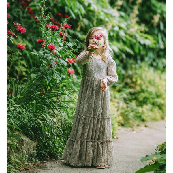 Lace Girl Dress-Boho Lace Dress-Lace Bohemian Girl Dress-Flower Girl Lace Dress-Mommy and Me Dress-Long Sleeve Lace Flower Girl Dress-ROSA