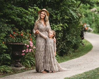 Mommy and Me dress-Lace Maternity Dress-Long Sleeve Photo Shoot Lace Dress-Bohemian Wedding Dress-Plus Size Lace Maternity Gown-BRIANA